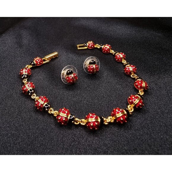 Vintage Joan Rivers Signed Ladybug Bracelet & Earrings Set Classic - Picture 1 of 6